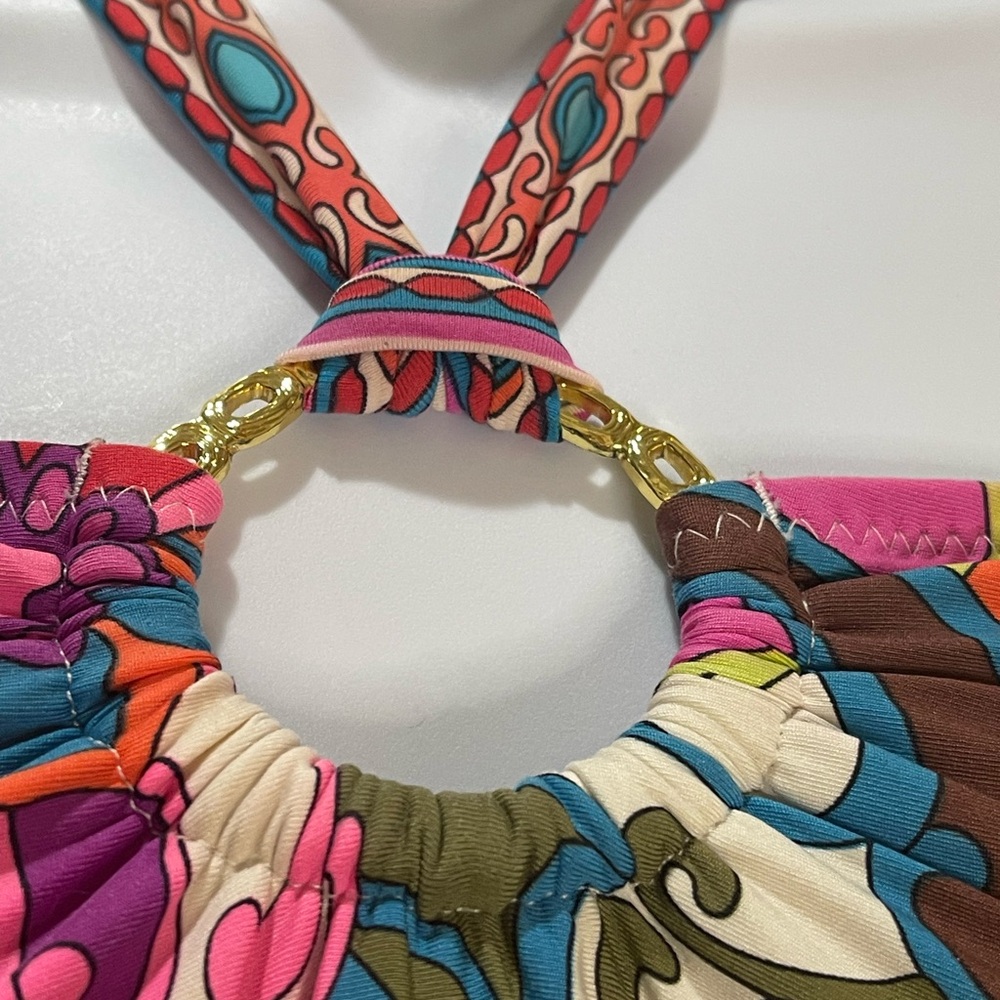 Trina Turk Fuji Flowers Vibrant Pink Tankini Bikini Gold Rings Size 10 - Picture 7 of 16